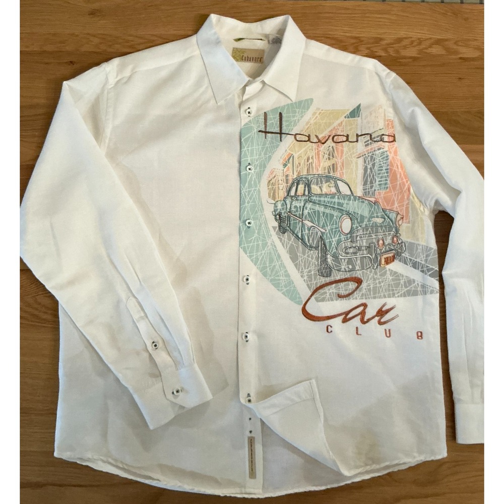 Cubavera‎ Havana Car Club Linen Shirt Men's XL Graphic Embroidered Cuba